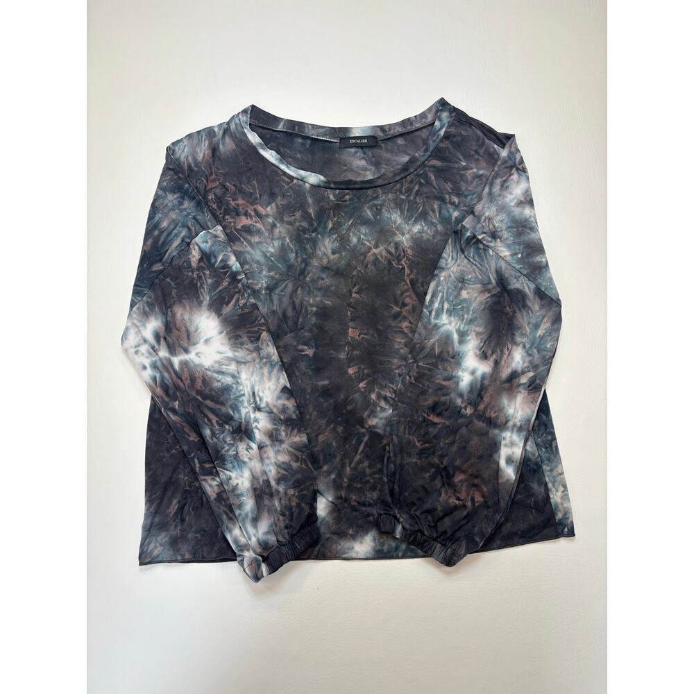 ESCALIER Black Charcoal Tie Dye Long Sleeve Pullover Top Relaxed Fit Woman's L